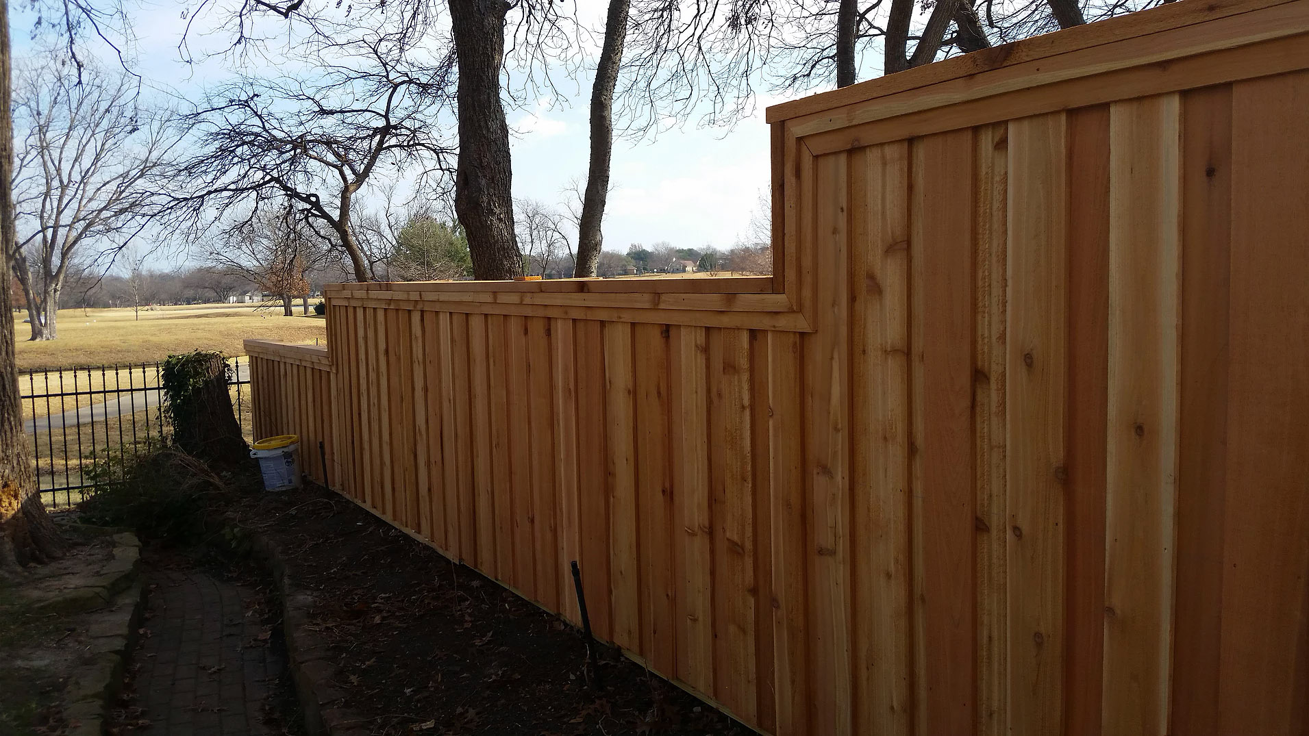 "Elegant Cedar Fence in Residential Yard"